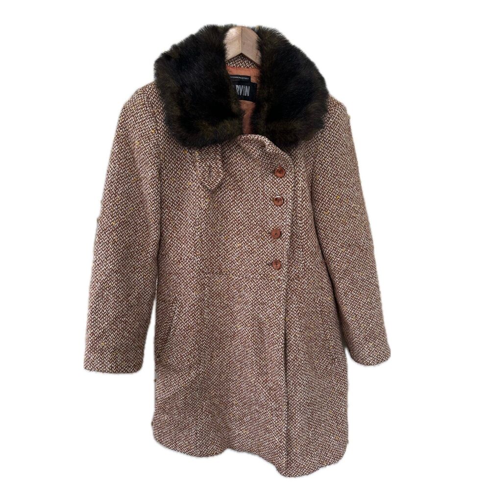 Vintage Marvin Richards Wool Blend Detachable Faux Fur Collar Tweed Pea Coat S